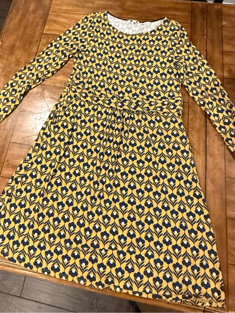 Boden Yellow and Navy Floral Long-Sleeve Fit-and-Flare Dress